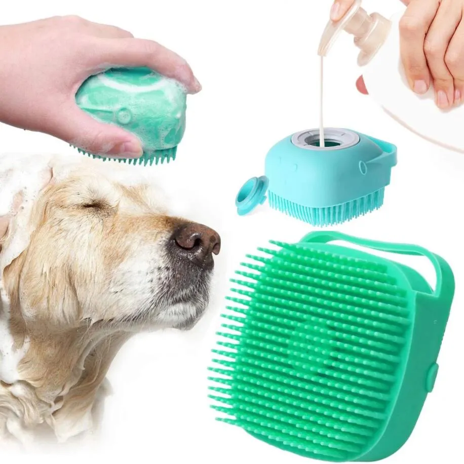 Dispenser di shampoo per toelettatura per animali domestici Spazzola per massaggi da bagno per cani Pettine Spazzola per doccia da bagno per cani Guanti per la pulizia di gatti Soft Multibrush