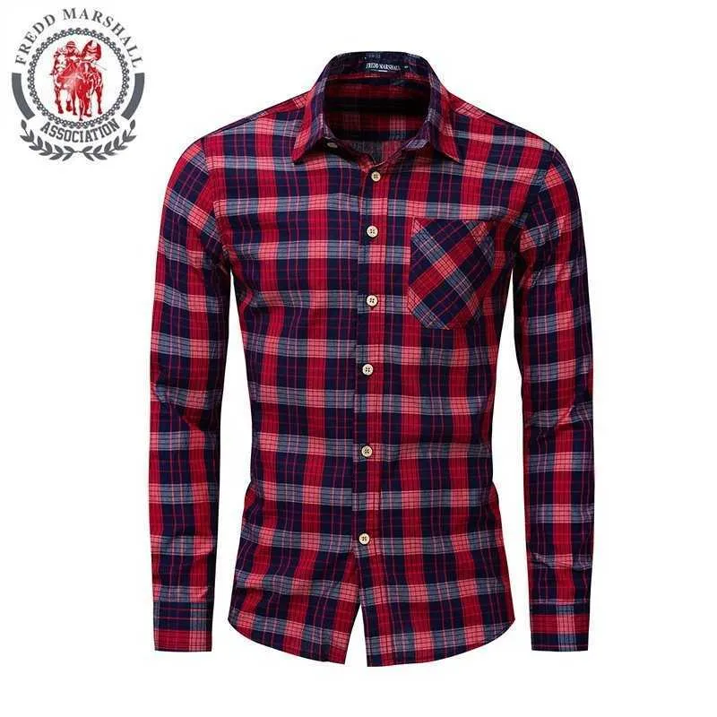 Fredd Marshall Fashion Red Plaid Shirt Men Casual Długim Rękawem Slim Fit Koszulki z kieszenią 100% bawełna EUR Duży rozmiar 198 210527