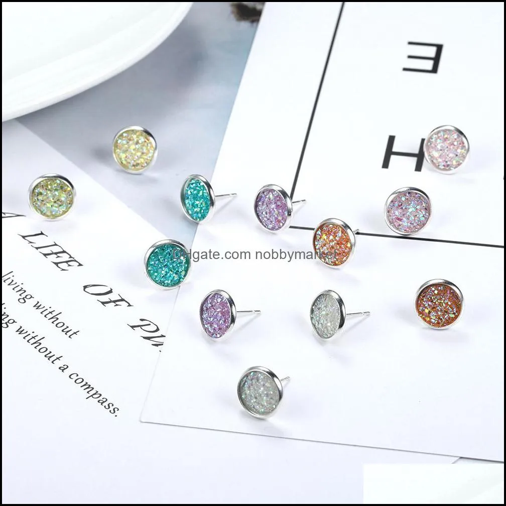 6 pair/Set Women`s Shiny Resin Ear Stud with Round Bling Druzy Stone For Girls Cute Earrings Set 2019 Fashion Jewelry Gift