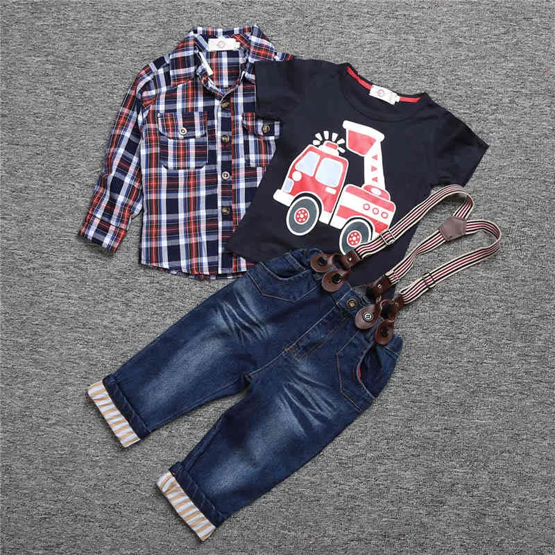 Kids roupas conjuntos meninos camisa xadrez de carro toe Tee calças calças suspender Firetruck Outfit Childran Cavalheiro Costume 210413