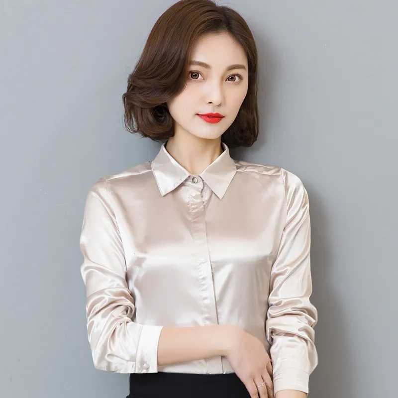 Women Satin Silk Long Sleeve Button-Down Shirt Formal Work Business Silky Shiny Blouse Top Elegant Fashion S-XXL 210518