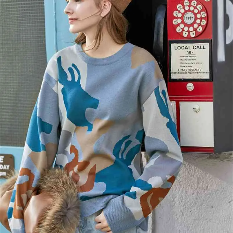 Pull ample de style paresseux de printemps femmes contrastant, pulls en laine de base à col rond 11970381 210527