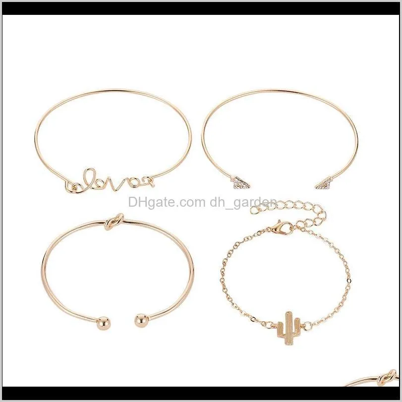 4pcs golden color girls bangles set love cactus crystal triangle bangle geometry design bracelet for women jewelry gifts
