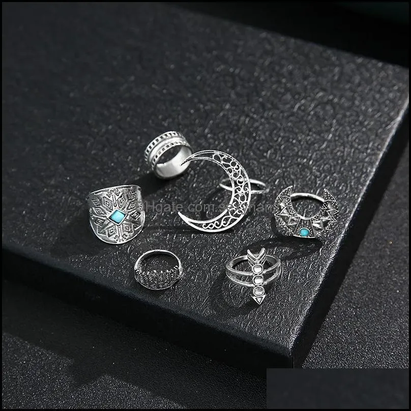 S2152 Fashion Jewelry Ring Set Retro Hollowed Moon Arrow Rings Sets 6pcs/set