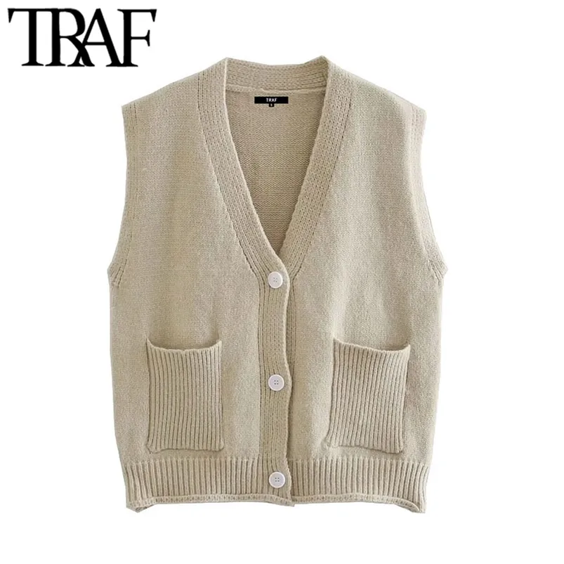 Women Fashion With Pockets Loose Knitted Vest Sweater Vintage Sleeveless Button-up Female Waistcoat Chic Tops 210507