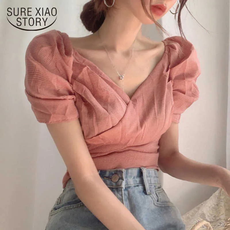 Summer Vintage Puff Sleeves Cross Waist Small Plaid Shirt Simple V-neck Gentle Elegant Pink Light Yellow Blouse 14143 210528