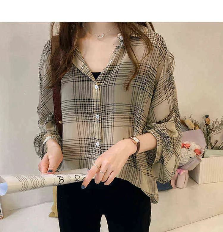 2019 Autumn Chic Plaid Shirts Women Batwing Sleeve Chiffon Blouses Casual Chemise Femme Tops Plus Size Tartan Blusas Mujer (5)