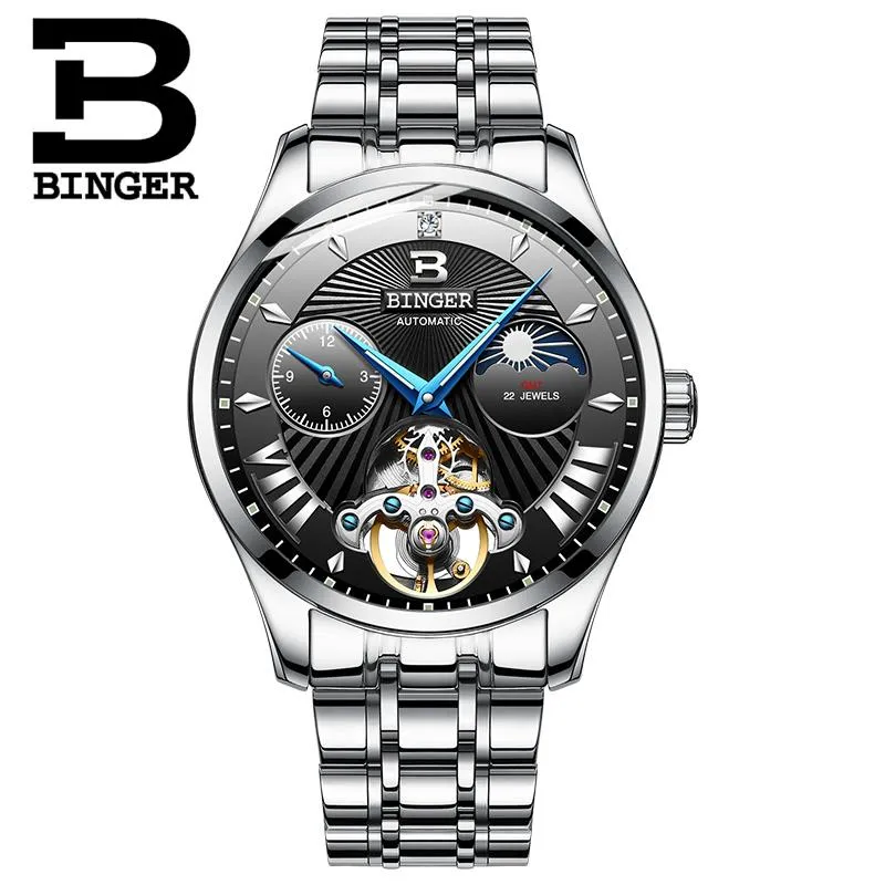 Zwitserland Mechanische Horloge Mannen Binger Rol horloges Skeleton Pols Sapphire Waterdichte B-1186-3 Horloges