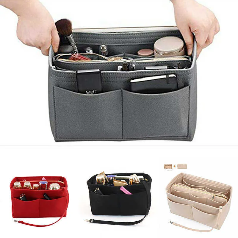Organizador de inserción de bolso de fieltro Bolsa cosmética portátil Fit For Handbag Tote Varias de la bolsa de la bolsa Organizador de la bolsa de maquillaje necesaria 210729