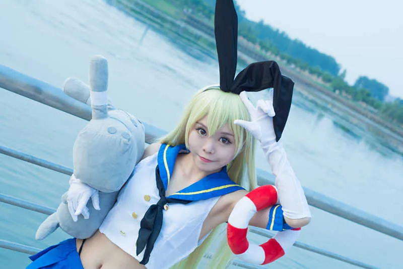 Anime Kantai Koleksiyon Shimakaze Üniformaları Cosplay Cos Kostüm Ücretsiz Kargo + Çorap (Üst + Etek + Kravat + Şapkalar + Eldiven + Çorap + Thong) Y0913