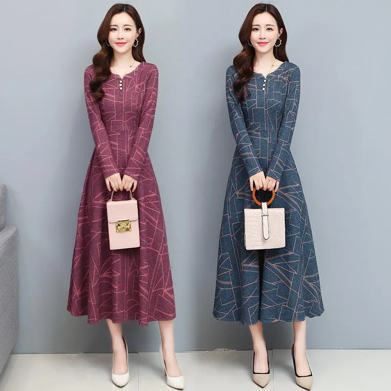 Casual Sukienki Coigarsam Kobiety Sukienka Jesień 2022 Biuro Lady Korea Styl Print Z Długim Rękawem Woolen O-Neck Red Blue Robe Vestidos