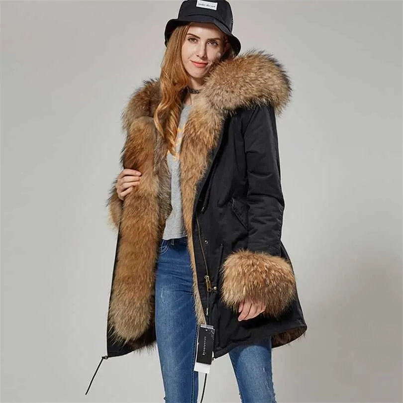 本物の毛皮の襟のジャケットの女性の自然なアライグマの毛皮の上のコート冬の女性厚い暖かいパーカー211011