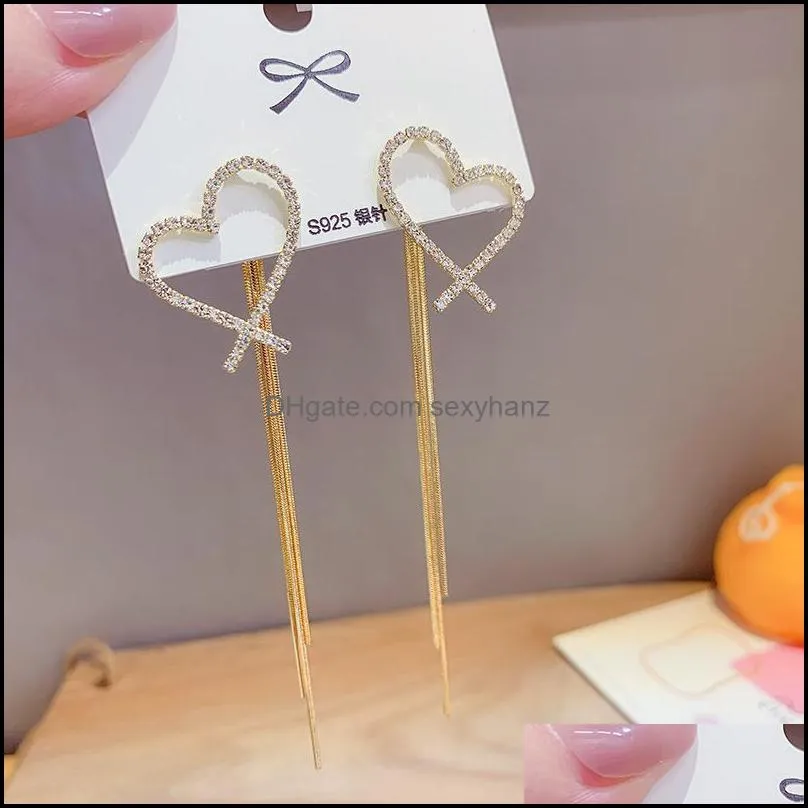 Vintage Heart Crystal Long Thread Tassel Dangle Earrings For Women Girl Gold Color Korean Earring Fashion Jewelry 2021