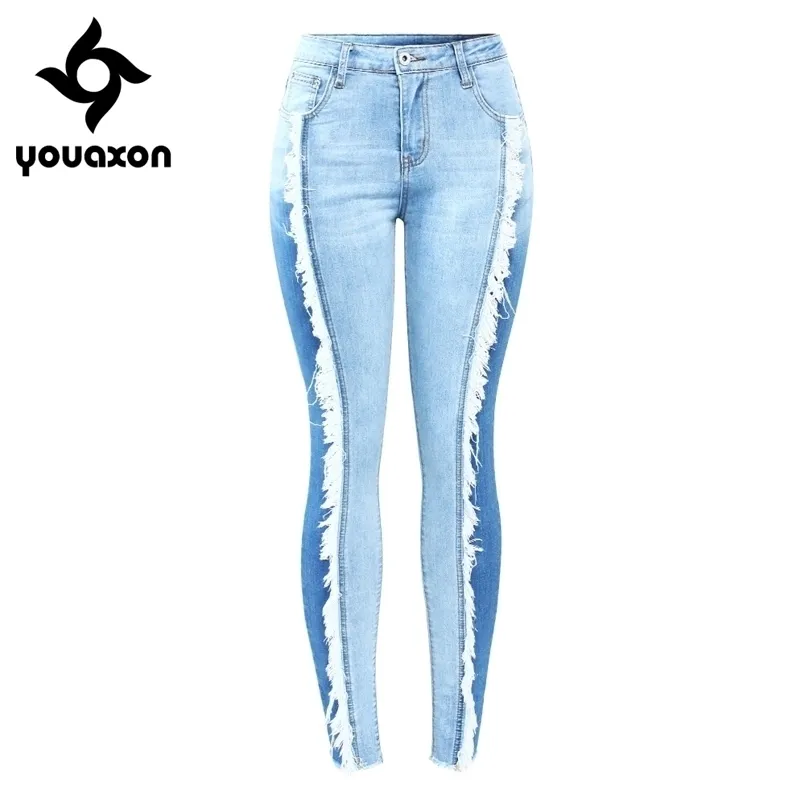 2158 Youaxon Arrived Plus Size Tassel Jeans Woman Stretchy Patchwork Denim Skinny Pencil Pants Trousers For Women 210809