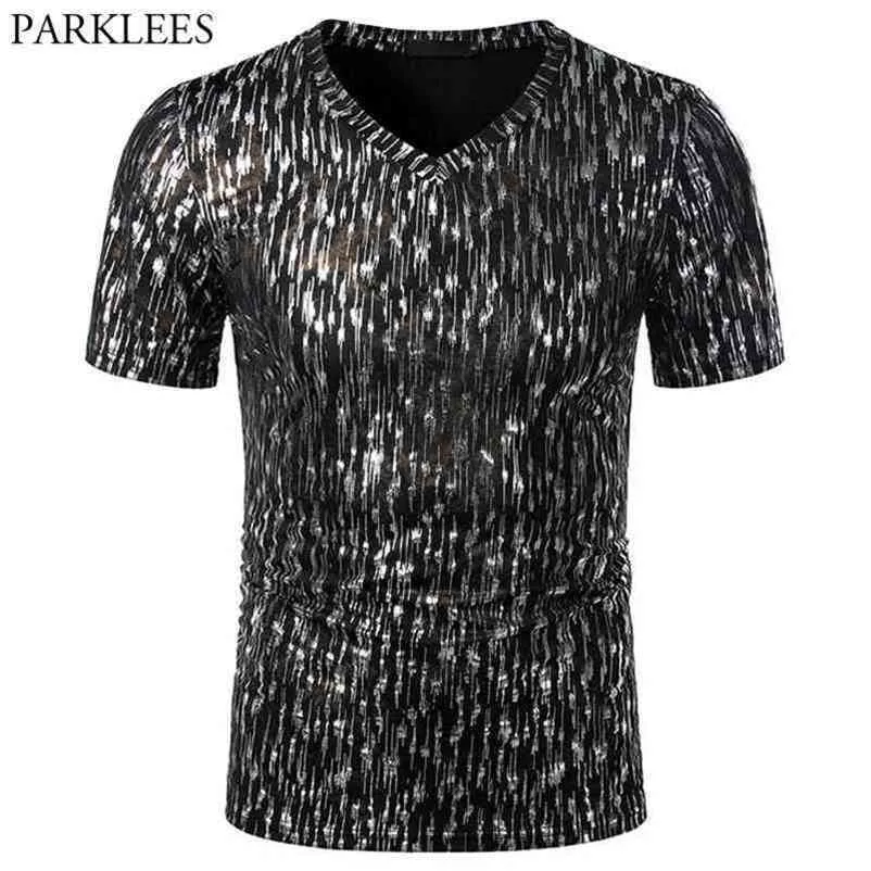 Mäns Glitter Line Bronzing Sommar Kortärmad V Neck T-shirt Män Hip Hop Party Prom Stage Kläder för män 2xl 210409