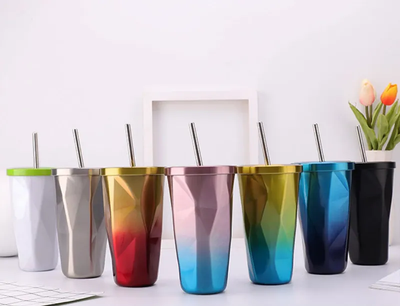 500ML Gradient Color Straw Cup Fashion Rhombus Thermos Tapered Cups Vacuum Insulated Car Tumbler Coffee Mugs