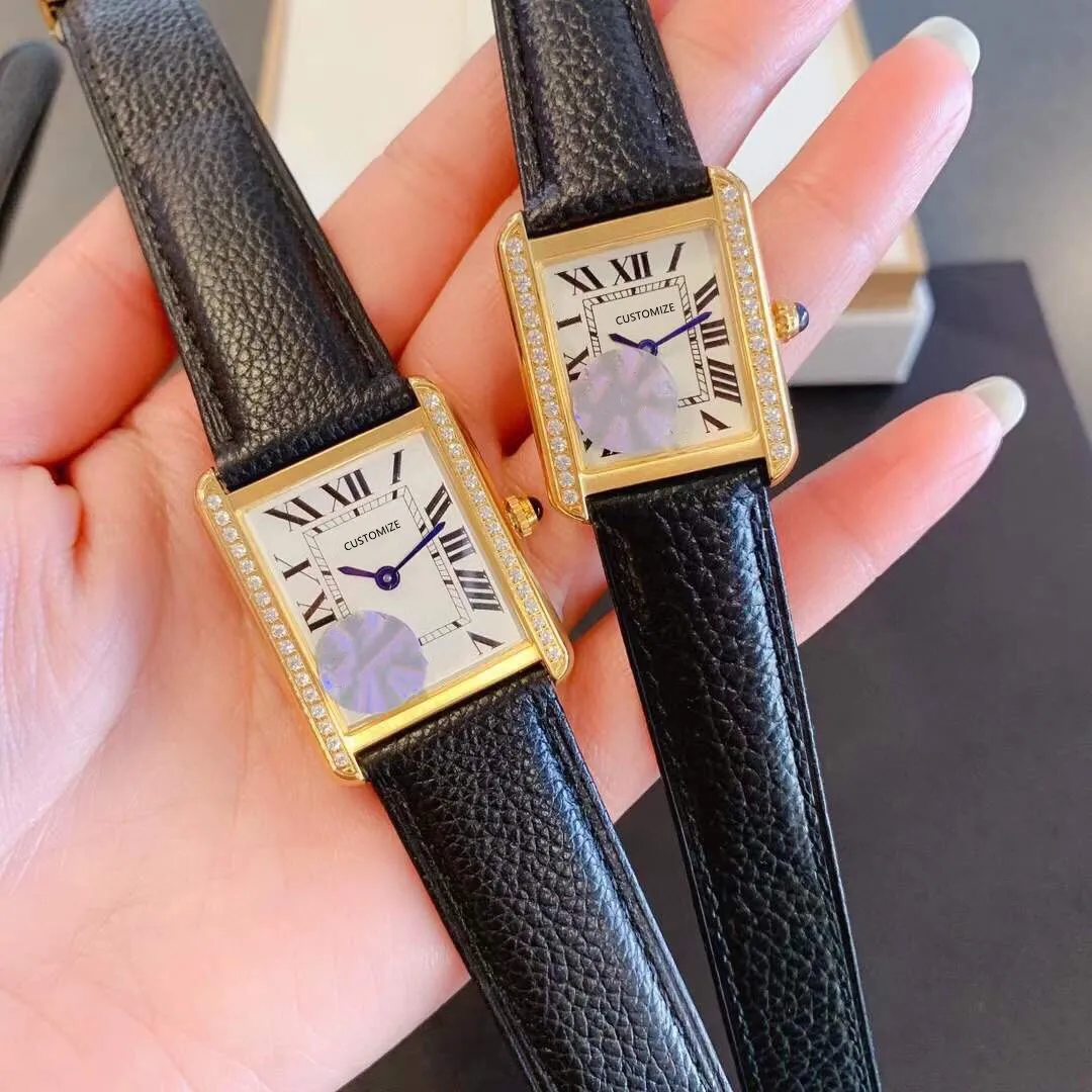 Women Geometric Rectangular Watch Stainless Steel Rhinestone Quartz Wristwatch Ladies Black Leather Roman Number Clock 27 34mm