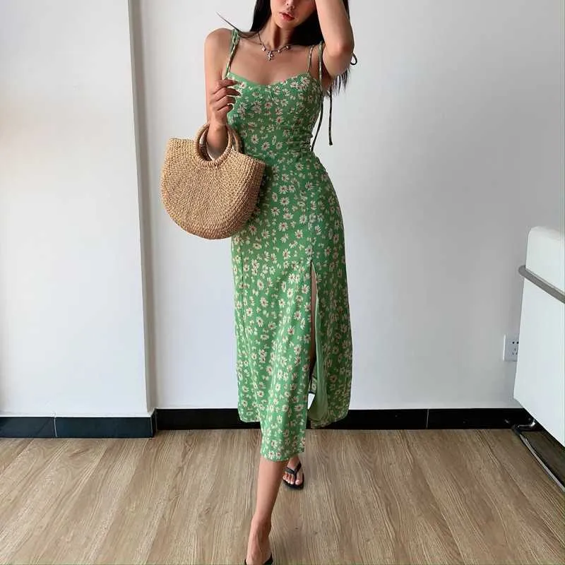 Green Floral Slit Dress for Women with Strapless Halter Top and Slim Fit