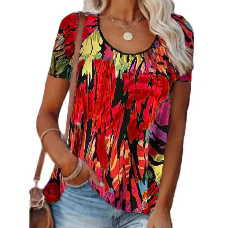 Sommer Damen O-Ausschnitt bedruckte Tie-Dye-Nähte Kurzarm-T-Shirts Casual Loose Holiday Style Harajuku Fashion Tees Plus Size 210526