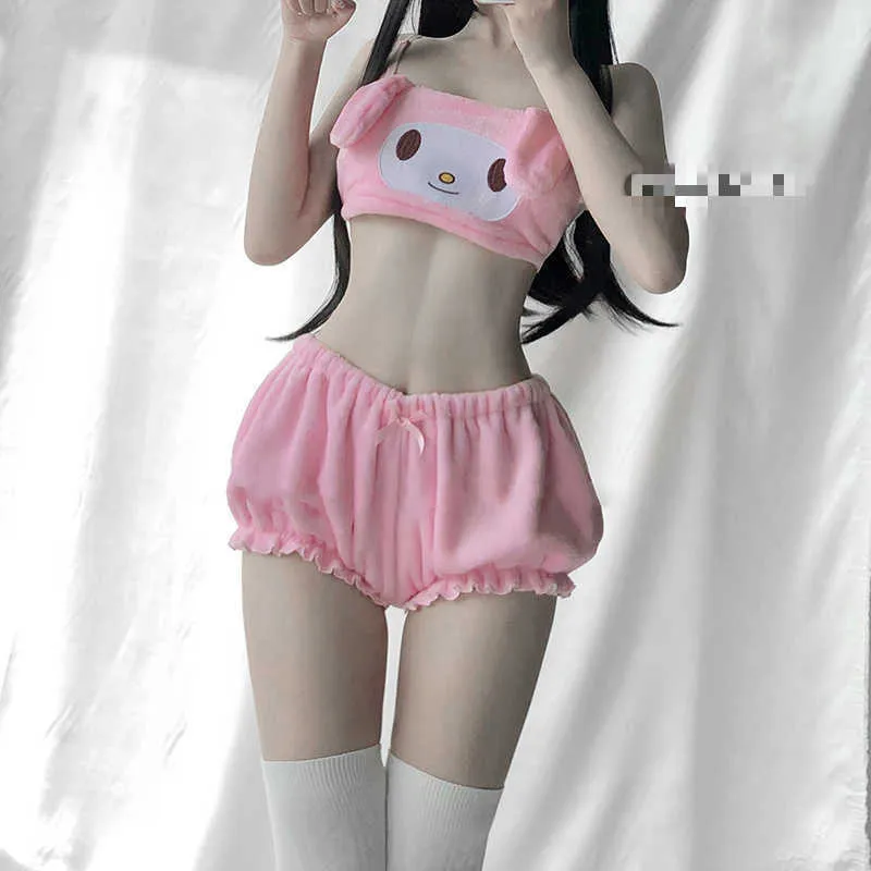 Sexy Anime Cosplay Cinnamon Dog Costumes Long Ear Doggy Bra and Bloomers Pink White Kwaii Velvet Tube Top Panties Set 210809