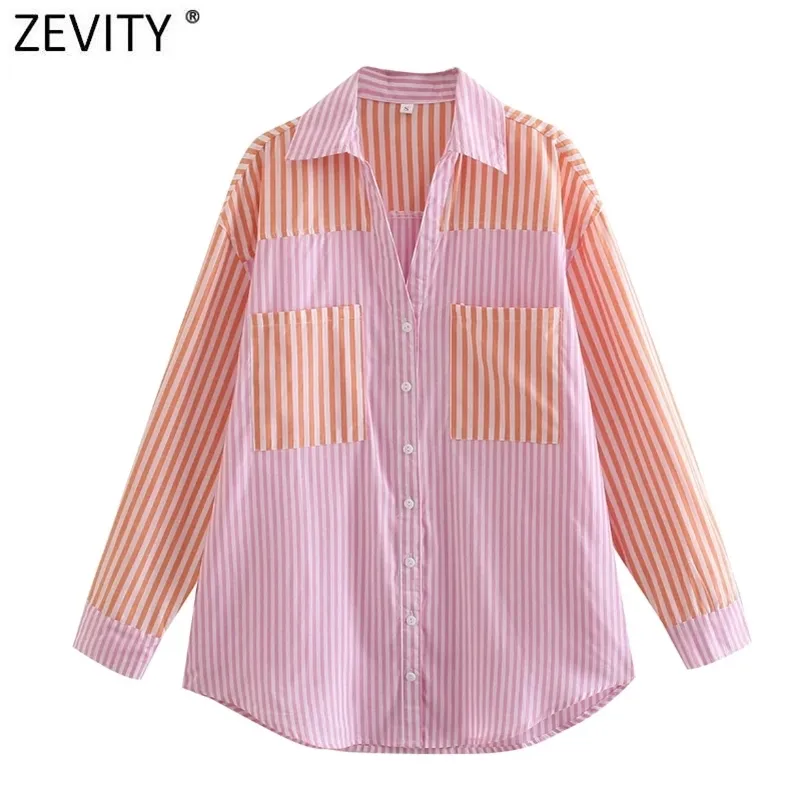 Women Vintage Striped Patchwork Print Breasted Shirt Femme Color Match Casual Loose Blouse Chic Summer Pocket Tops LS9150 210416