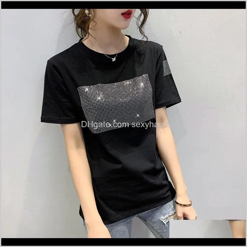 sequined rhinestone fringed t-shirt short-sleeved women`s 2020 summer new loose korean t shirt black white tees fashion