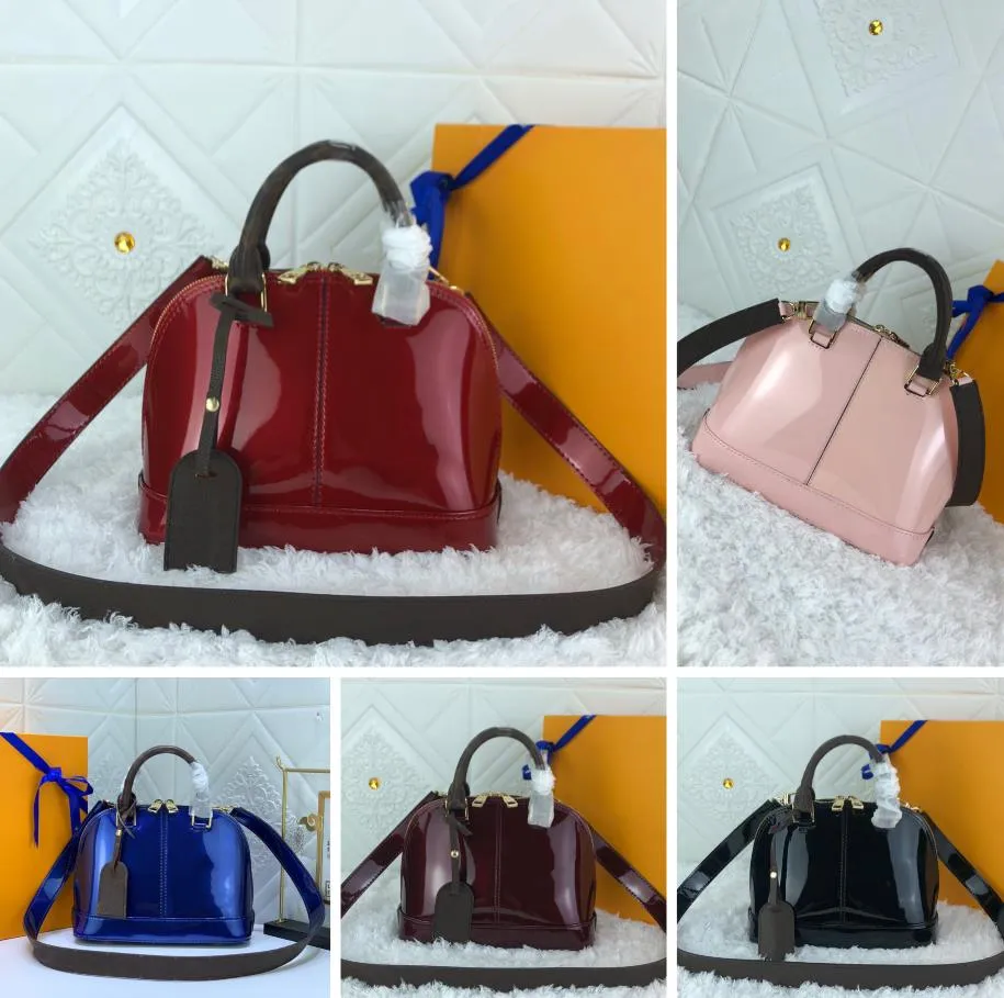 正規日本代理店 Alma シェルバッグ高級デザイナー女性バッグブランドメッセンジャーハンドバッグレディ1枚の肩の老眼光沢のある特許レザーロック高品質03 専門 店 Vacuslim48 Com