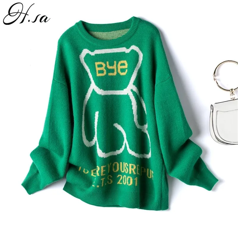 H.SA Cute and Pullovers Oneck Bear Letters Printed Tunic Sweater Jumpers 210417