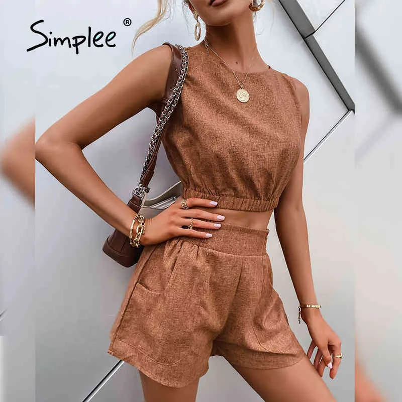 Casual Brown Women's Two-piece High Street Solid Short Top senza maniche Shorts Set Summer Office Ladies Suit 210414