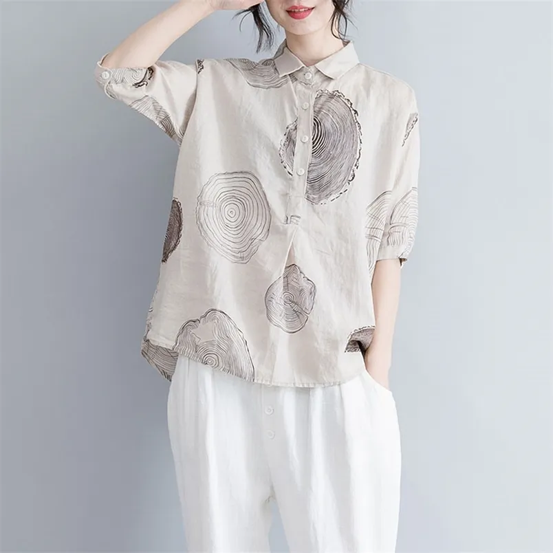 Verão Mulheres Blusa Camisas Plus Size Paisley Impressão Algodão Linho Vintage Tops Solto Casual Femme Vestuário A9304 210512
