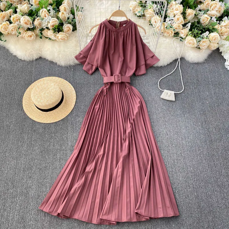 Red/Green/Khaki Pleated Long Dress Women Elegant O-Neck Short Sleeve High Waist Draped Vestidos With Sashes Female Spring Autumn Y0603