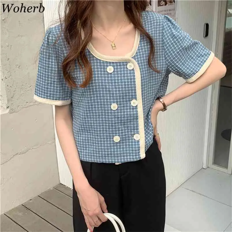 Donne Dolce Dolce Collo rotondo Plaid Camicetta Coreano Doppio petto estate Camicia manica corta Camicia Casual Girl Top 210519