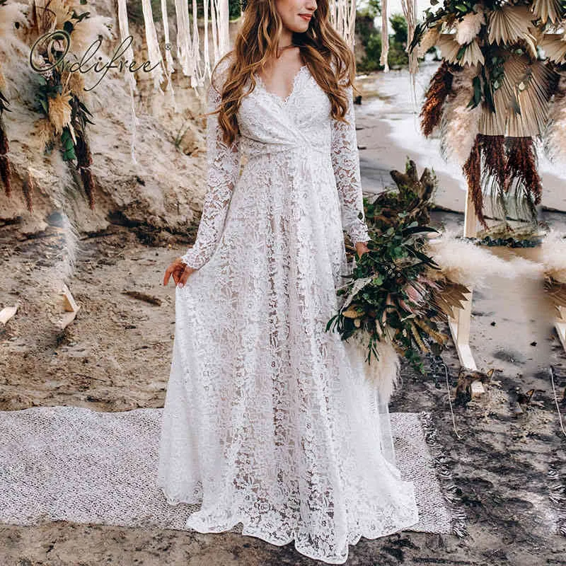 Sommar Elegant Kvinnor Party Långärmad See Through White Lace Vocation Maxi Tunic Beach Dress 210415