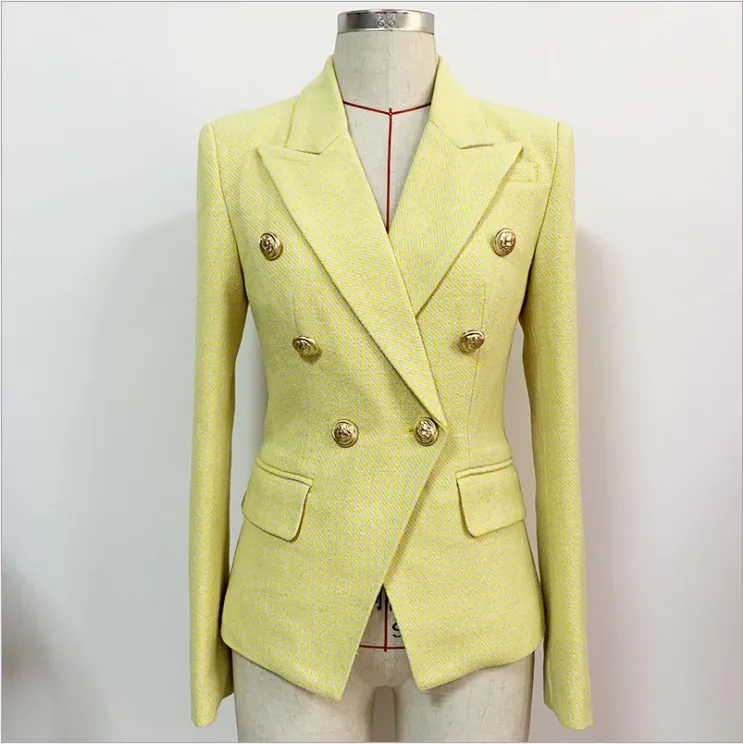 Klassischer Stil, Top-Qualität, originelles Design, Damen-Blazer, zweireihig, gelber Hahnentritt-Blazer, schmale Jacke, Mantel mit Metallschnallen