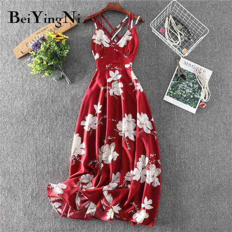 Beiyingni V-neck Dresses for Women Floral Printed Sexy Backless Beach Boho Casual Vacation Dress High Waist Strap Dress Clothes Y1204
