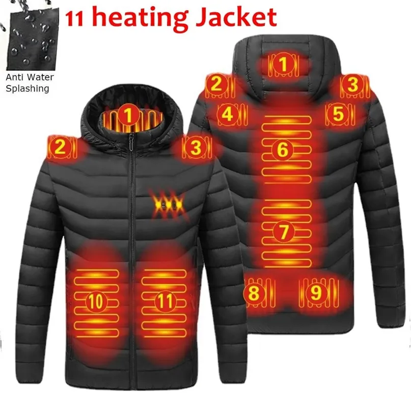 NWE Mannen Winter Warm USB-verwarming Jassen Smart Thermostaat Pure Kleur Hooded Verwarmde kleding Waterdicht 210910