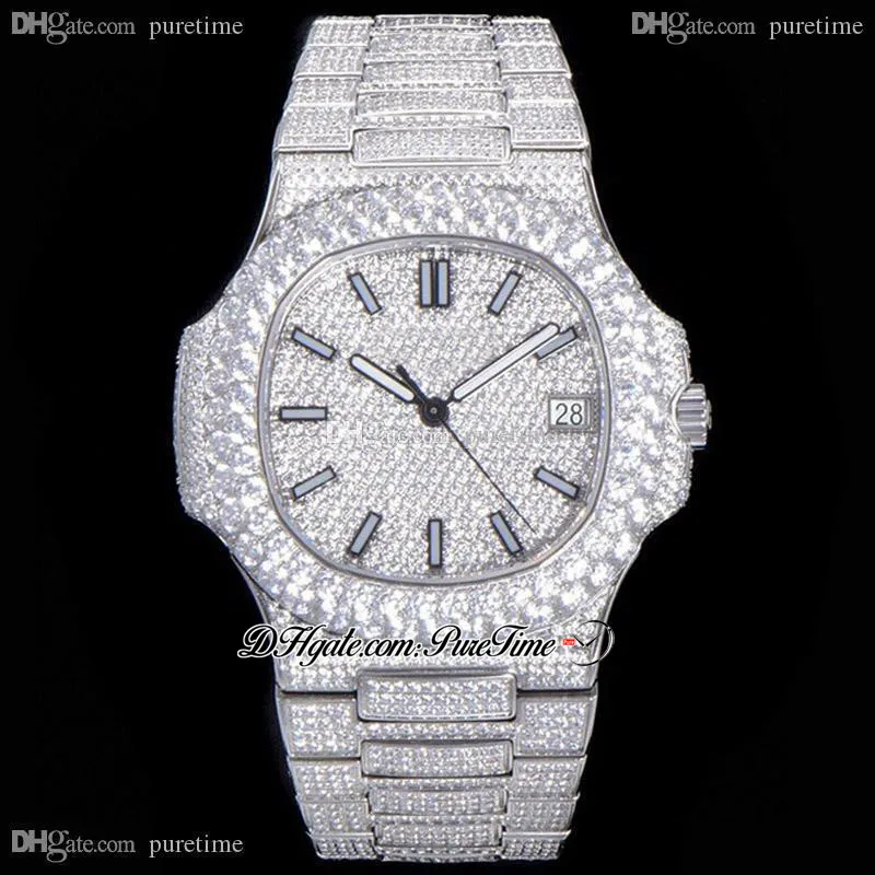 2021 TWF Paved Diamonds 5711 324SC 324CS Automatic Mens Watch Stick Markers Fully Iced Out Diamond Stainless Steel Bracelet Super Edition Jewelry Watches Puretime