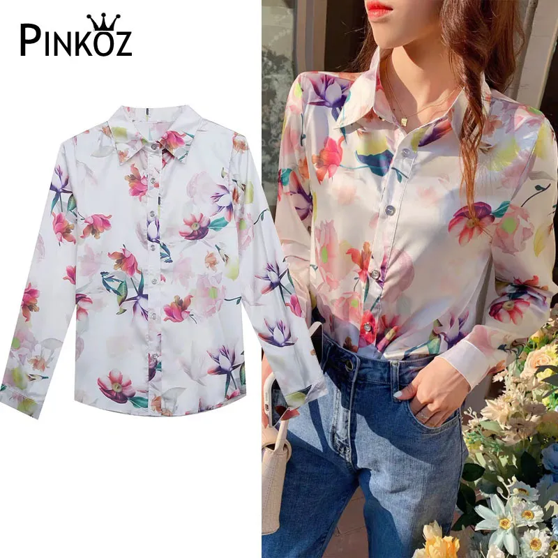 Casual Flower Printed Satin Chiffon Blus Kvinnor Slå ner Krage Långärmad Vår Sommarskjortor Lady Tops Plus Size 210421