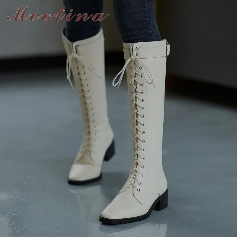 Botas largas de tacón medio de cuero genuino con hebilla, zapatos de mujer, tacones de bloque con punta cuadrada, hasta la rodilla, con cordones y cremallera para mujer 210517