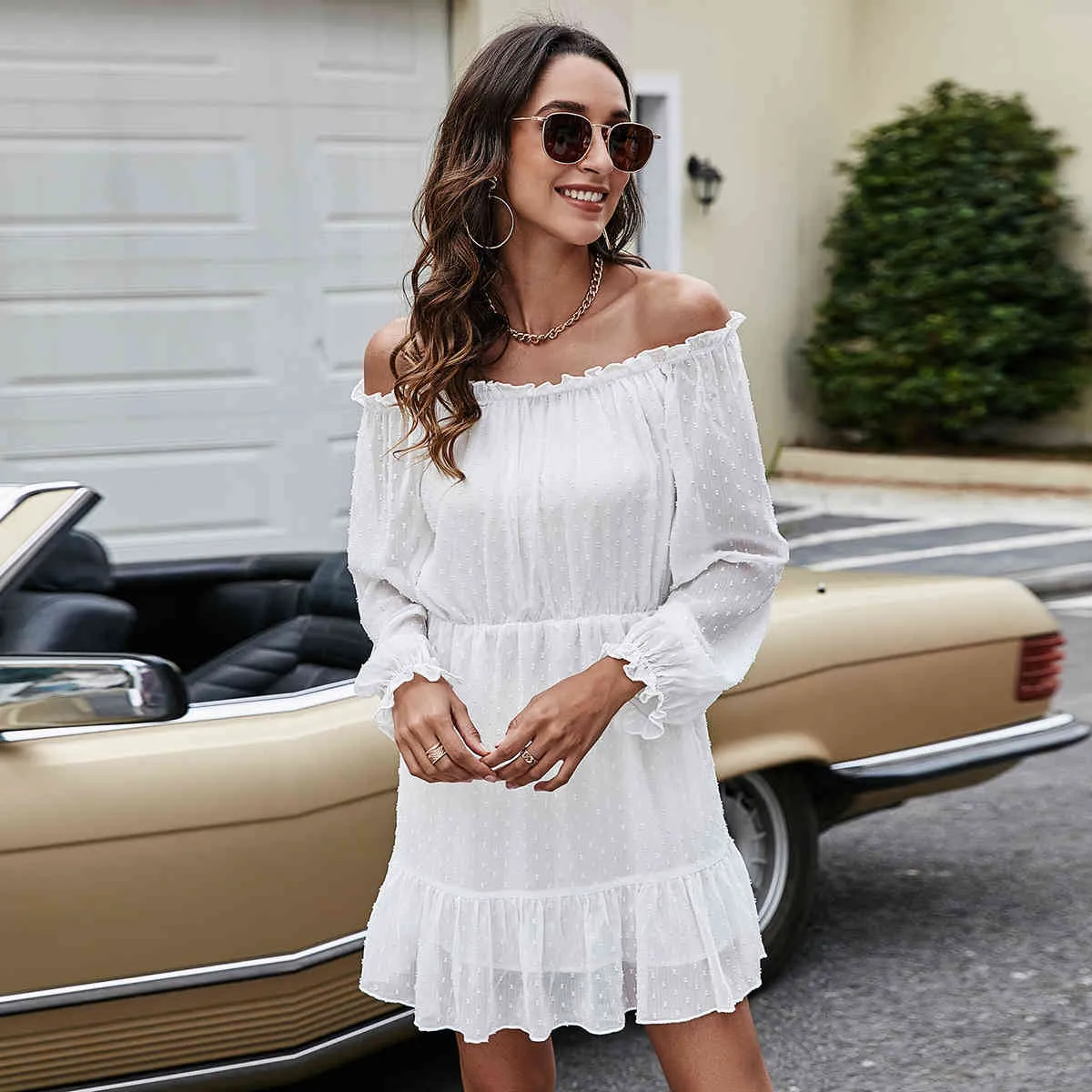 Spring Cest Wrapping Slash Neck White Solid Elegant Mode Kvinnors Knee-Length Dress 210524