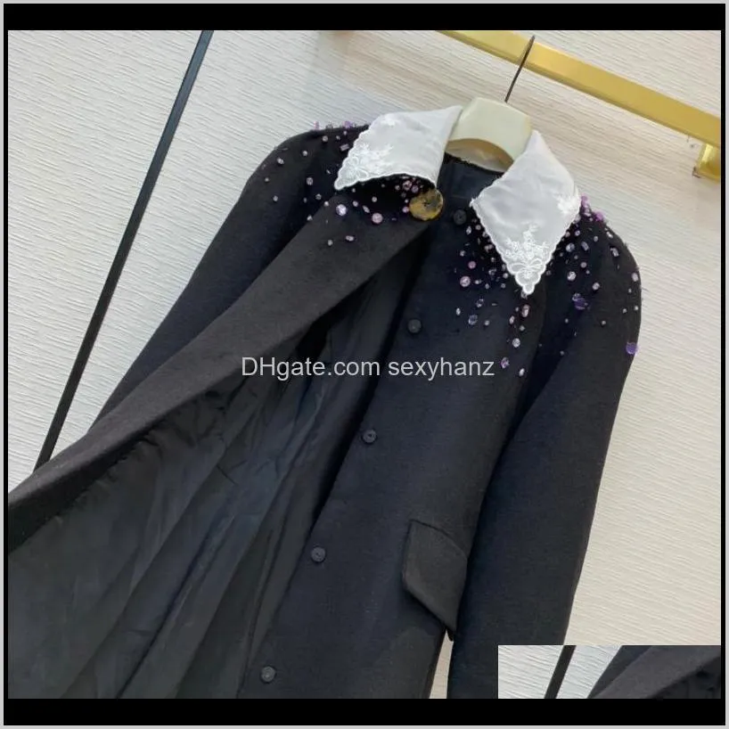 2020 new ladies high quality fashion long sleeve neckline silk embroidered lace collar stitching rhinestone wool coat 11241