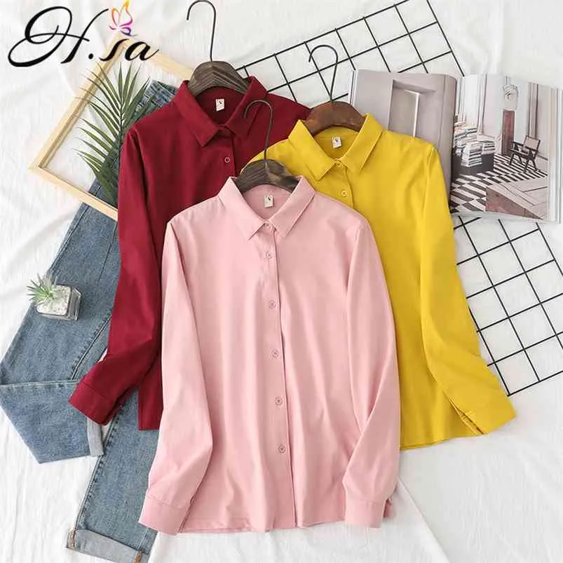 HSA Women White Shirts Candy Color Solid Pink Blusa Turn Down Collar Cotton Long Sleeve Spring Tops 210430
