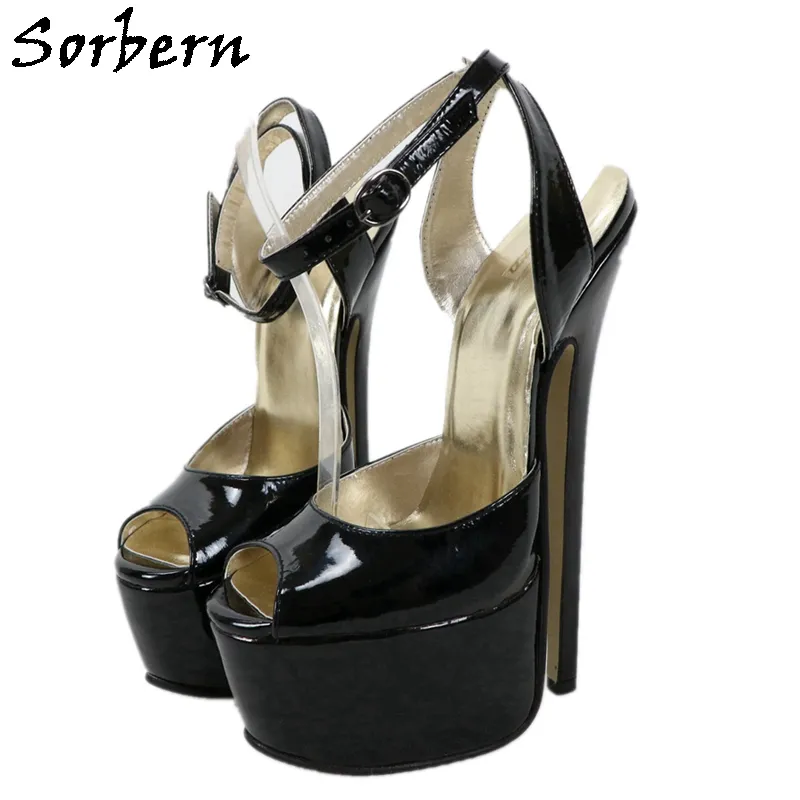 Sorbern – chaussures habillées noires brillantes à talons hauts de 20Cm, en cuir véritable britannique, bride à la cheville, bout ouvert, plateforme, talons aiguilles, arc pointu