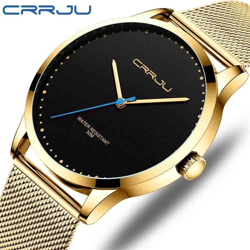 Reloj Relogio Masculino CRRJU para hombre, relojes informales de cuarzo dorado y negro, relojes deportivos minimalistas, reloj impermeable de malla para hombre 210517