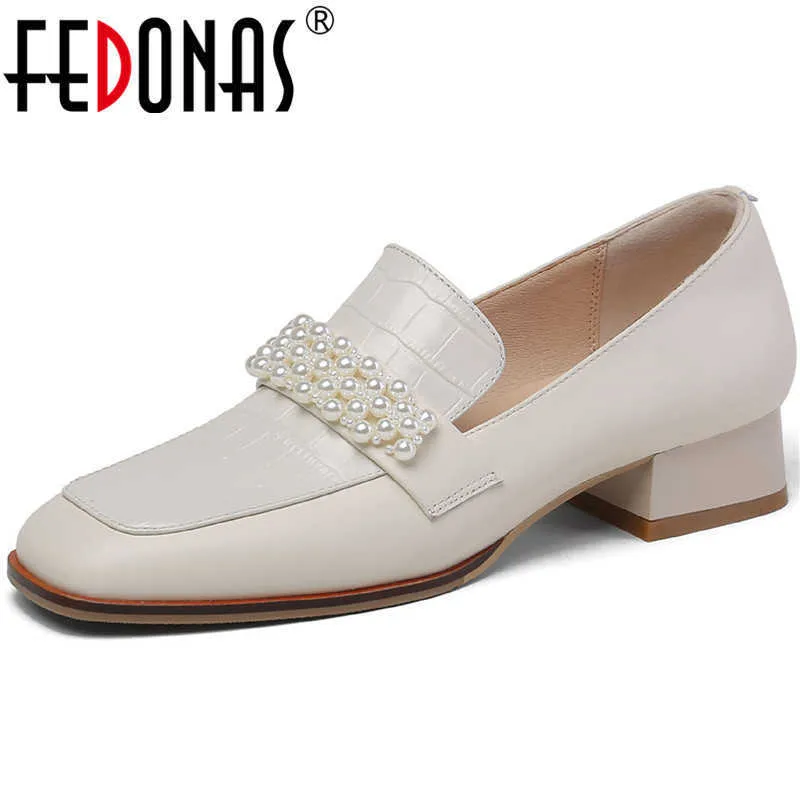 Pearl Decoration Women's Shoes Spring Summer For Women Shallow Female Wedding Basic Thick Heels Woman 210528