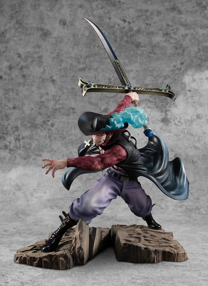 34 cm One Piece Anime Figur Dracule Mihawk Figur Santoryu Ver. PVC-åtgärd Figurleksaker Hawk-Eyes Max Collectible Model Dock Gift X0526