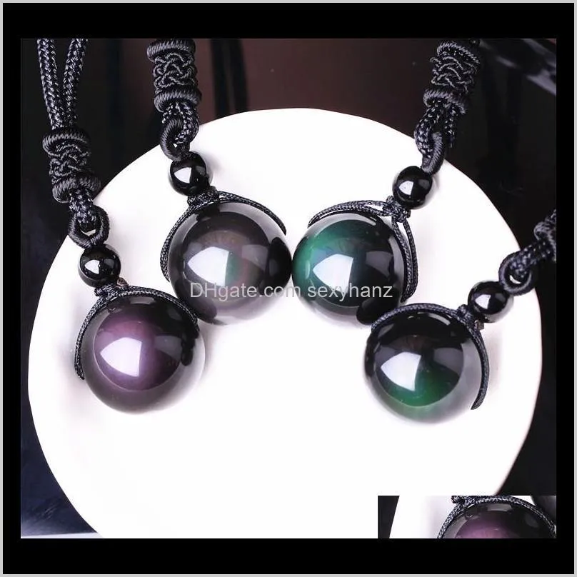 Necklaces & Pendants Drop Delivery 2021 10Mm Natural Stone Black Obsidian Rainbow Eye Beads Ball Pendant Transfer Lucky Love Crystal Jewelry