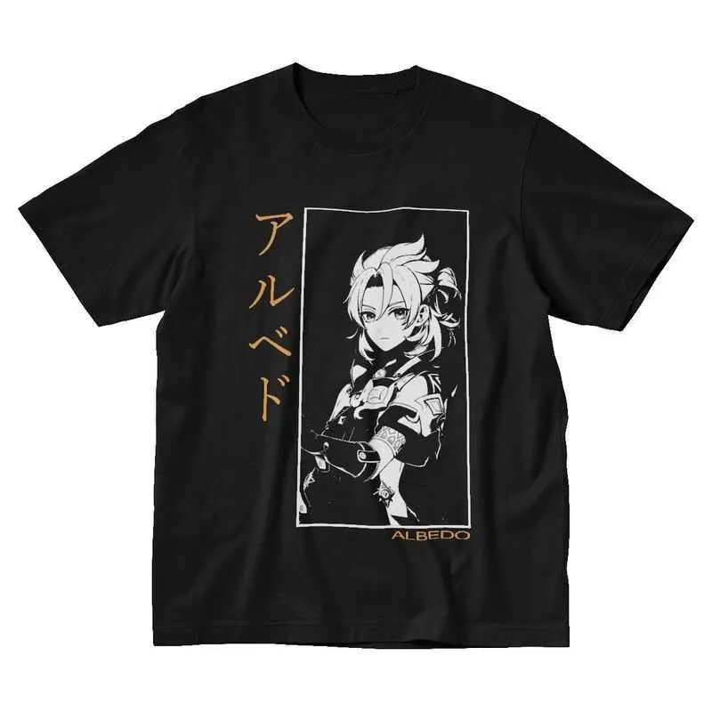 Albedo Genshin Etki Tshirt Erkekler Kısa Kollu Baskı Tişört Serin Anime Oyunu T-Shirt Pamuk Street Giyim Moda Tees Mal Y0901