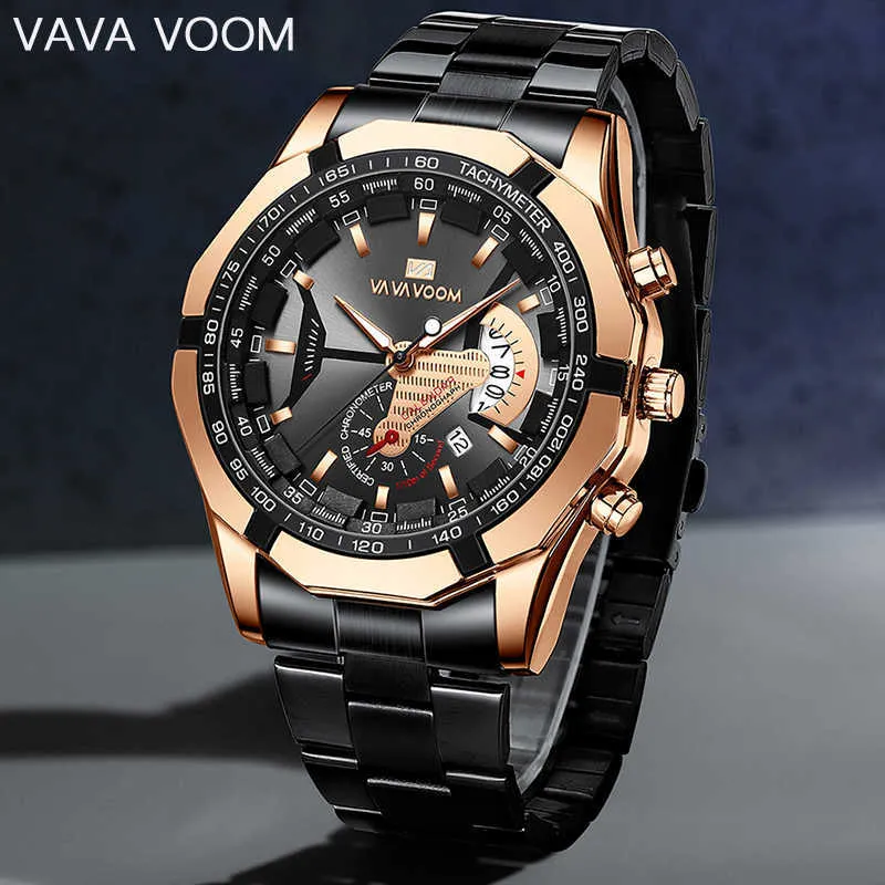 VAVA VOOM New Men Luminous Sports Watch Top Design Fashion Simple Black Rose Gold Stainless Steel Waterproof Quartz Mens Watches G1022