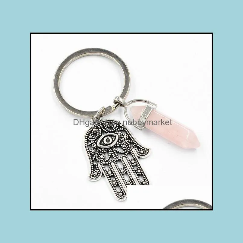 Fashion Keychain Hand of Fatima Charm Blue Evil Eye Hamsa Hands Pendant Handbag Charms Natural Stone Key Rings Keyring Chains Holder